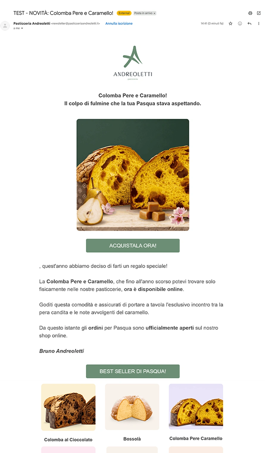 Newsletter Andreoletti: il lancio della Colomba Pere e Caramello